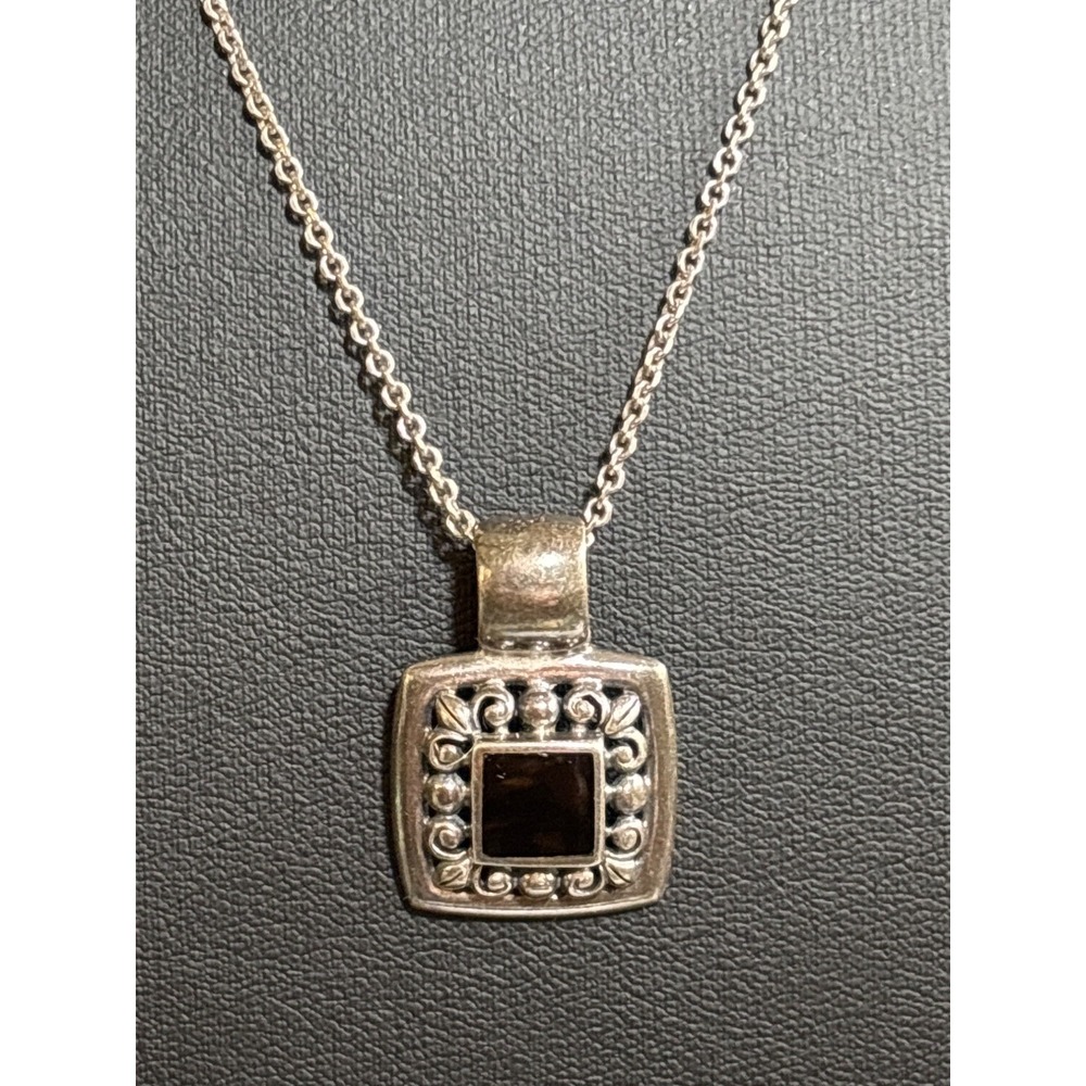 Sterling‎ Silver Square Pendant Necklace Ornate Design & Black Stone 18" Chain